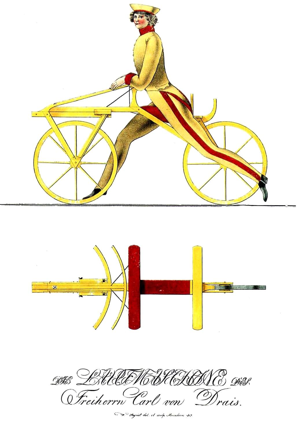 Gravure colorée de 1817 montrant un homme sur la draisienne du baron Karl von Drais